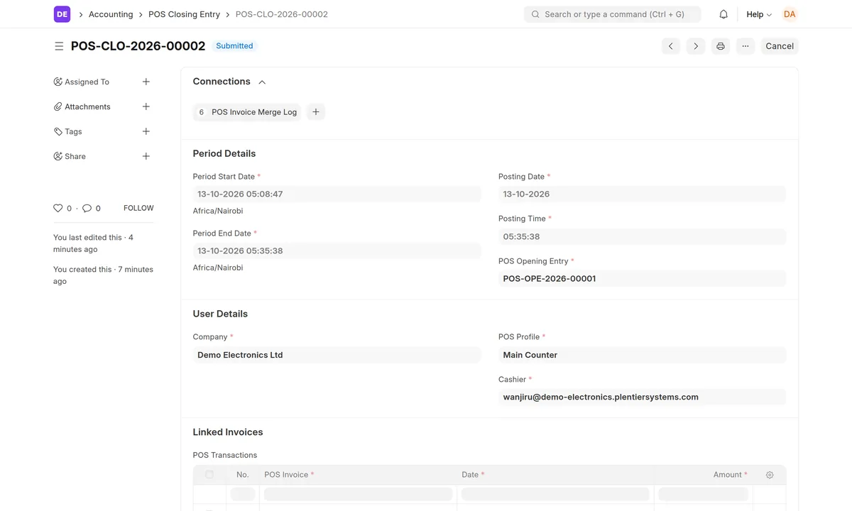 ERPNext POS closing entry, status Submitted, with period, POS profile, cashier and linked POS invoices