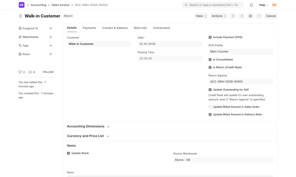 ERPNext sales invoice marked Return, with Is Return (Credit Note) ticked and Return Against set to the original sale