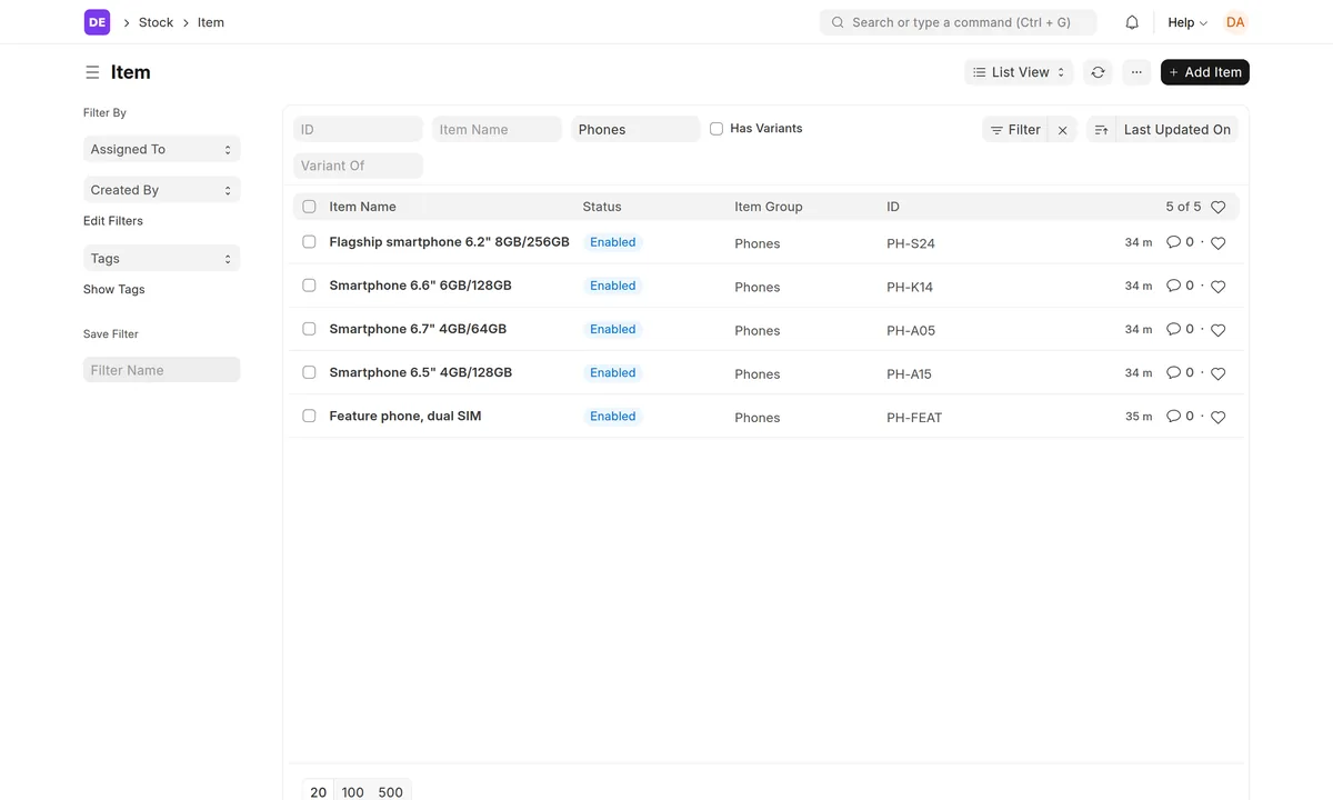ERPNext item list filtered to the Phones group, showing five phone items
