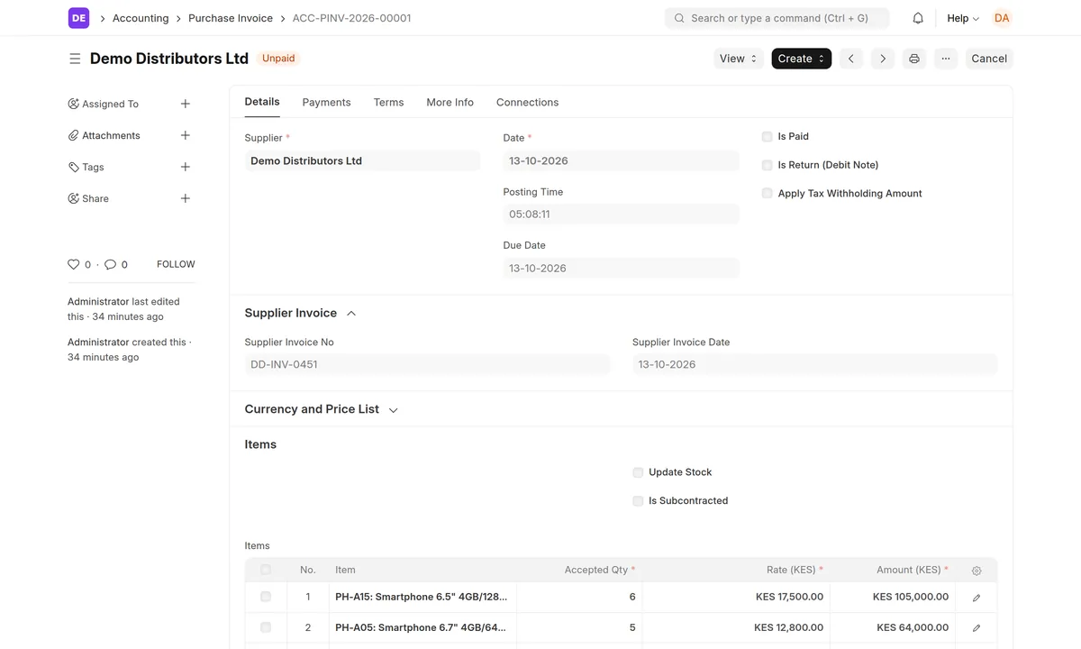 ERPNext purchase invoice from Demo Distributors Ltd with the supplier's invoice number, status Unpaid