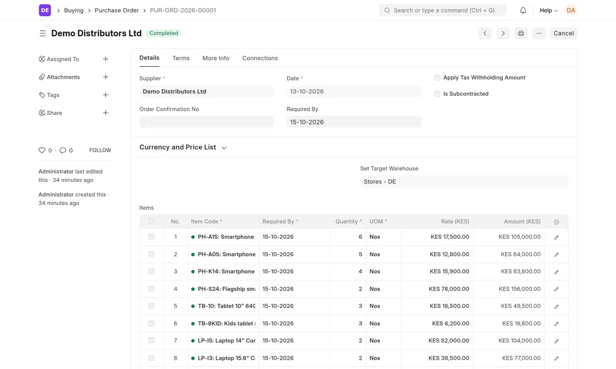 ERPNext purchase order to Demo Distributors Ltd with phone, tablet and laptop lines, status Completed