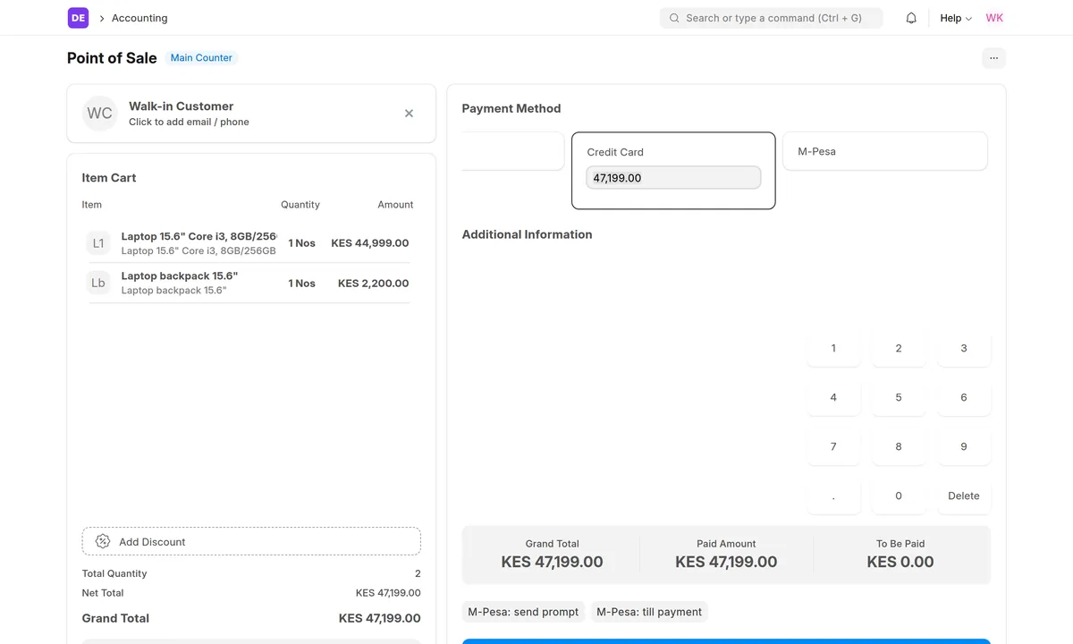 ERPNext POS payment screen with KES 47,199 paid by credit card