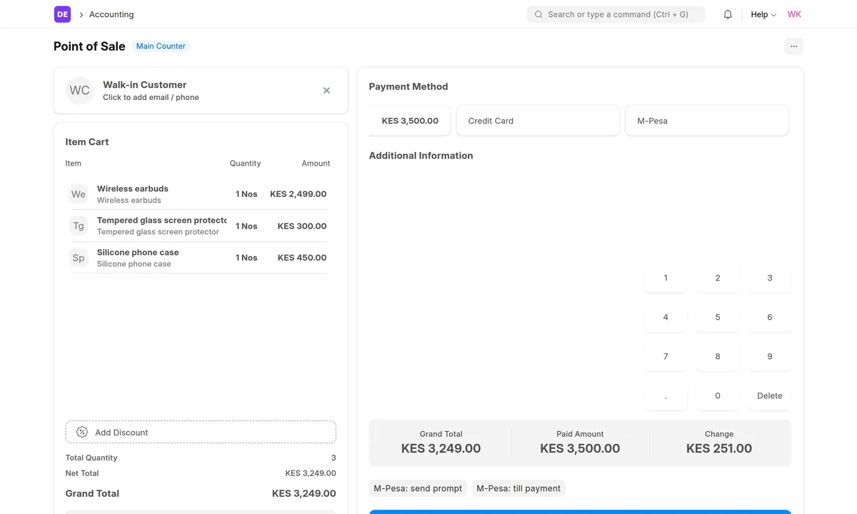ERPNext POS payment screen with KES 3,500 cash received for a KES 3,249 sale and change shown