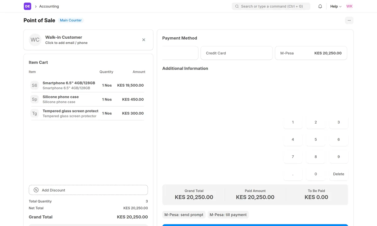 ERPNext POS payment screen with KES 20,250 paid by M-Pesa from a till payment