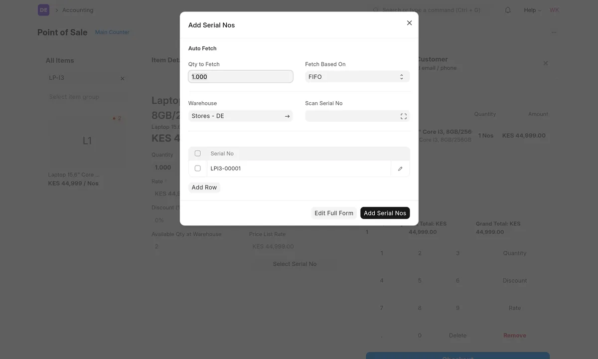 ERPNext POS Add Serial Nos dialog with serial LPI3-00001 for a laptop