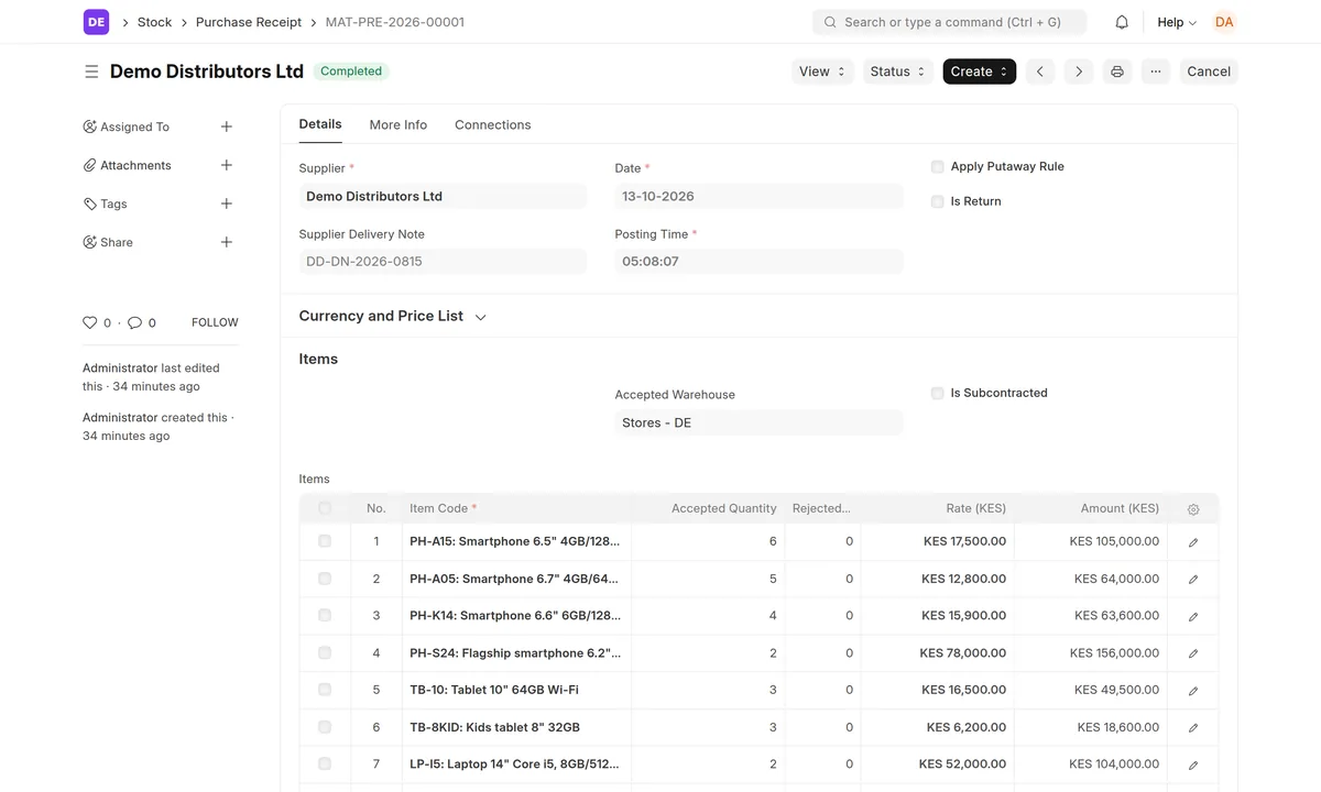 ERPNext purchase receipt with accepted quantities and rates for each phone, tablet and laptop line