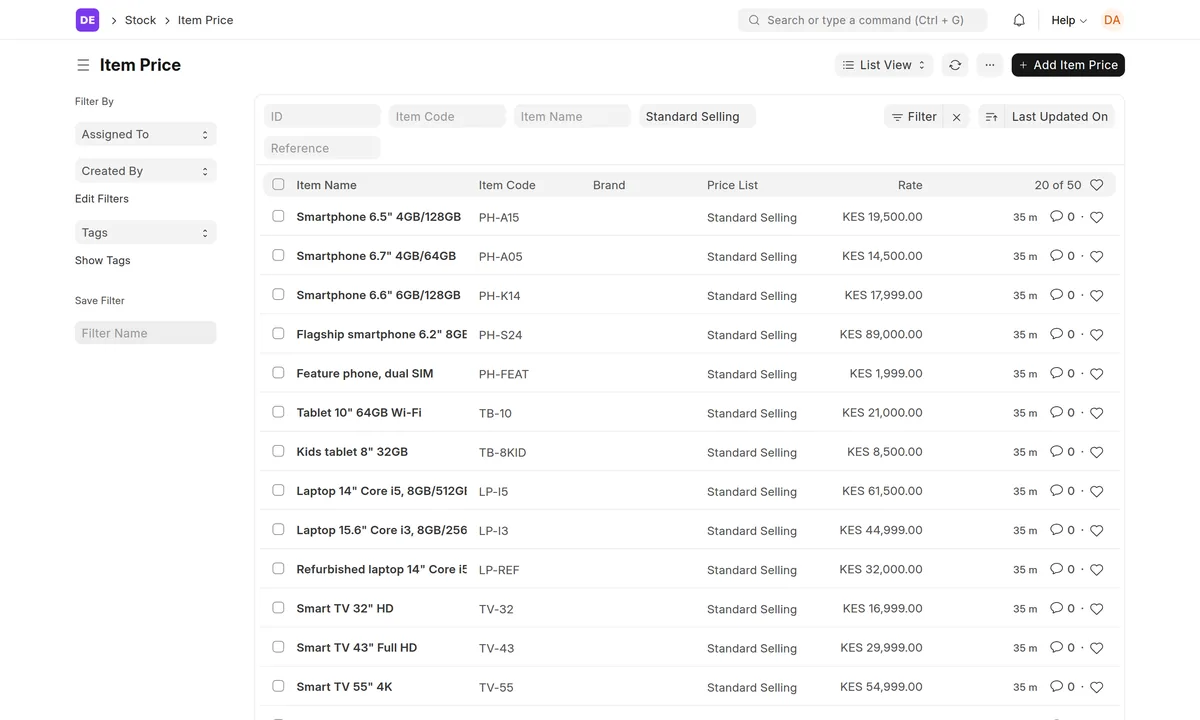 ERPNext item price list showing Standard Selling prices for phones, tablets, laptops and TVs