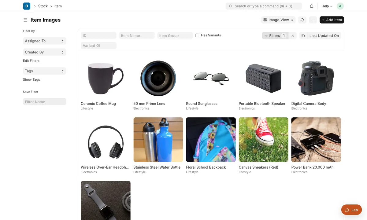Item catalogue in Plentier ERP with product photos, used by both the shop and the accounts