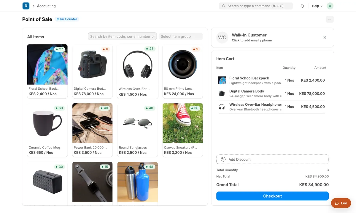 The Plentier ERP point of sale with product photos, a cart of three items and a checkout button