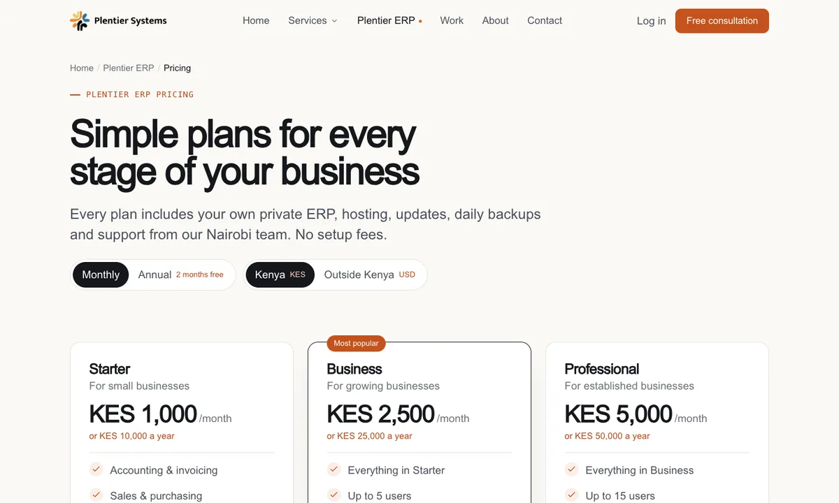 Plentier ERP pricing page showing the Starter, Business and Professional plans in Kenyan shillings