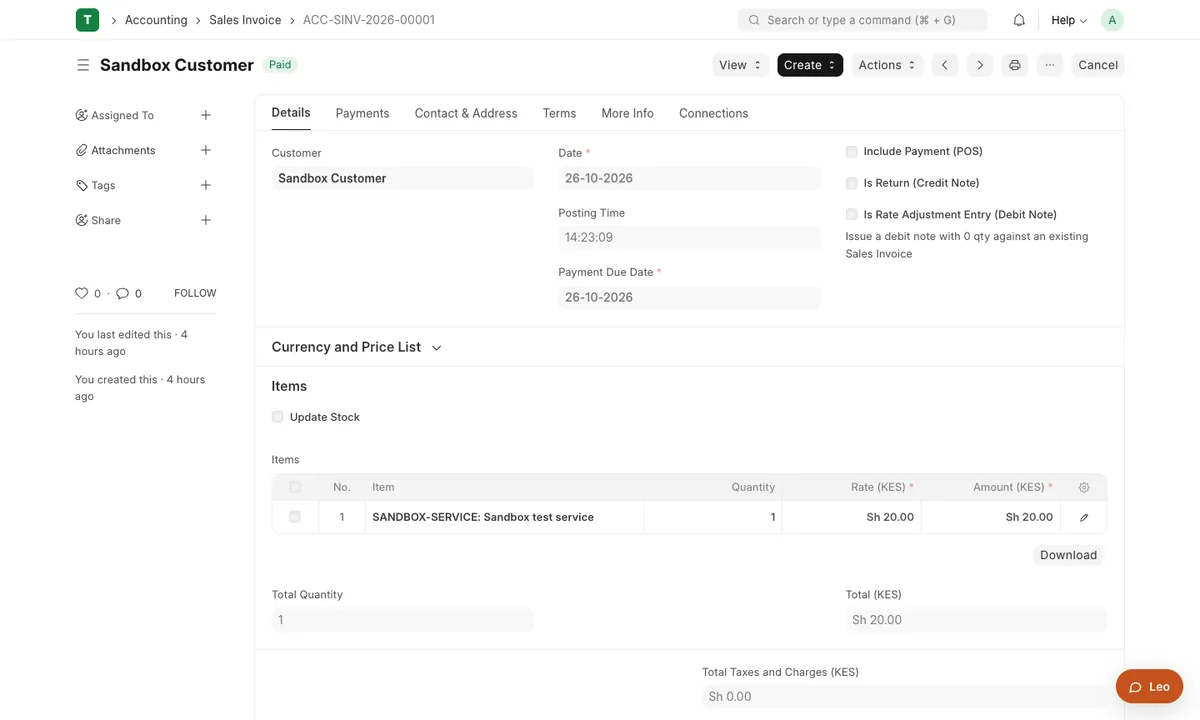 A sales invoice in Plentier ERP marked Paid after an M-Pesa prompt