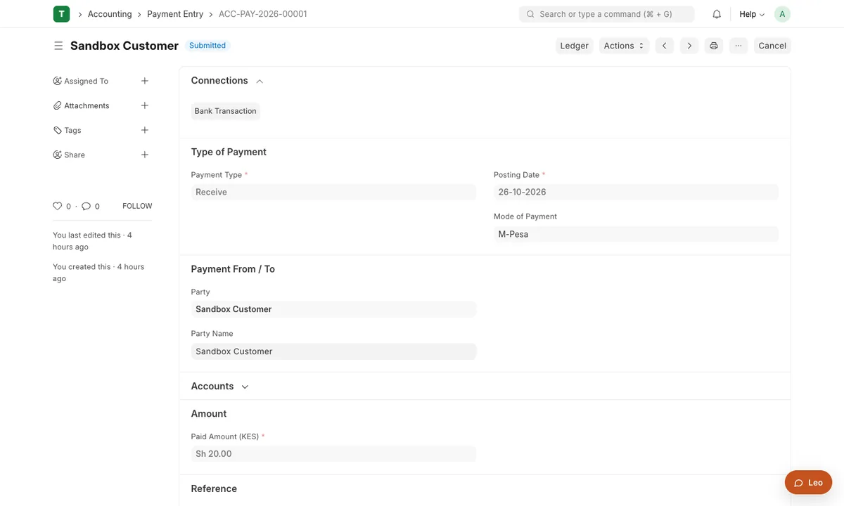 A payment entry in Plentier ERP received by M-Pesa for the invoice amount