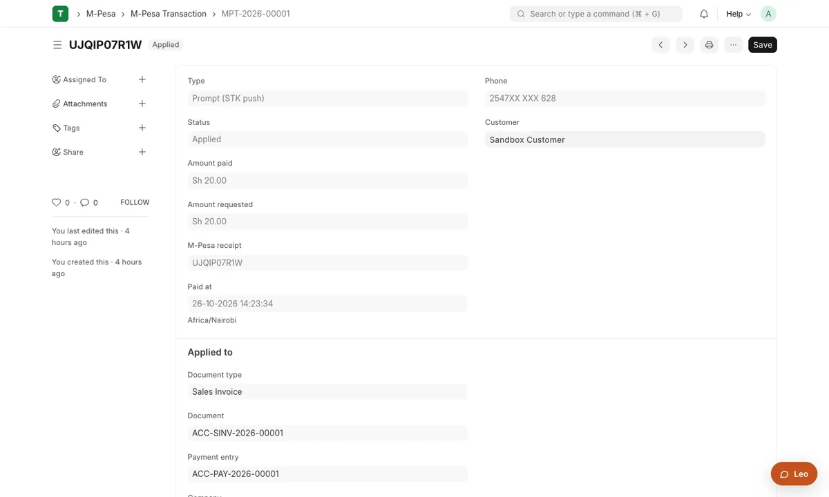 An M-Pesa Transaction in Plentier ERP with status Applied, the M-Pesa receipt number, the amount paid and the sales invoice it was applied to