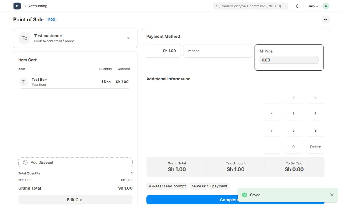 Point of sale payment screen with the M-Pesa: send prompt and M-Pesa: till payment buttons