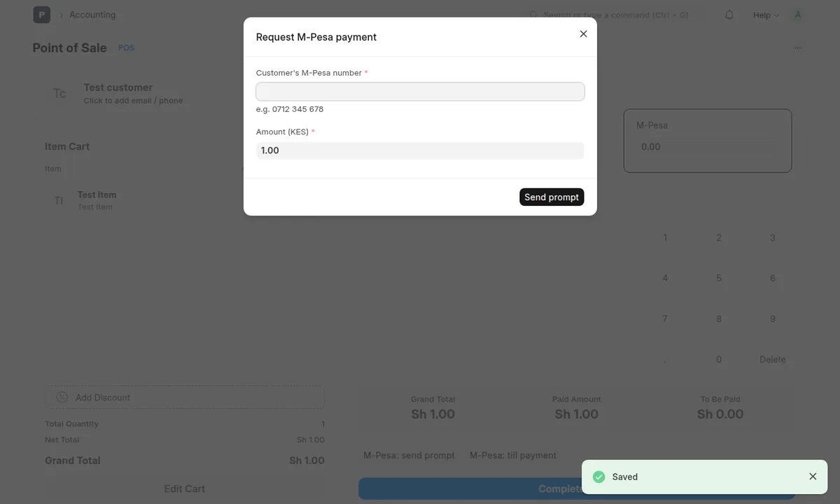 Request M-Pesa payment dialog with the customer's phone number and the amount prefilled