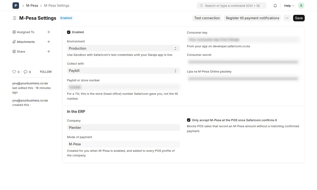 M-Pesa Settings in Plentier ERP with environment, paybill and Daraja credentials (blurred)