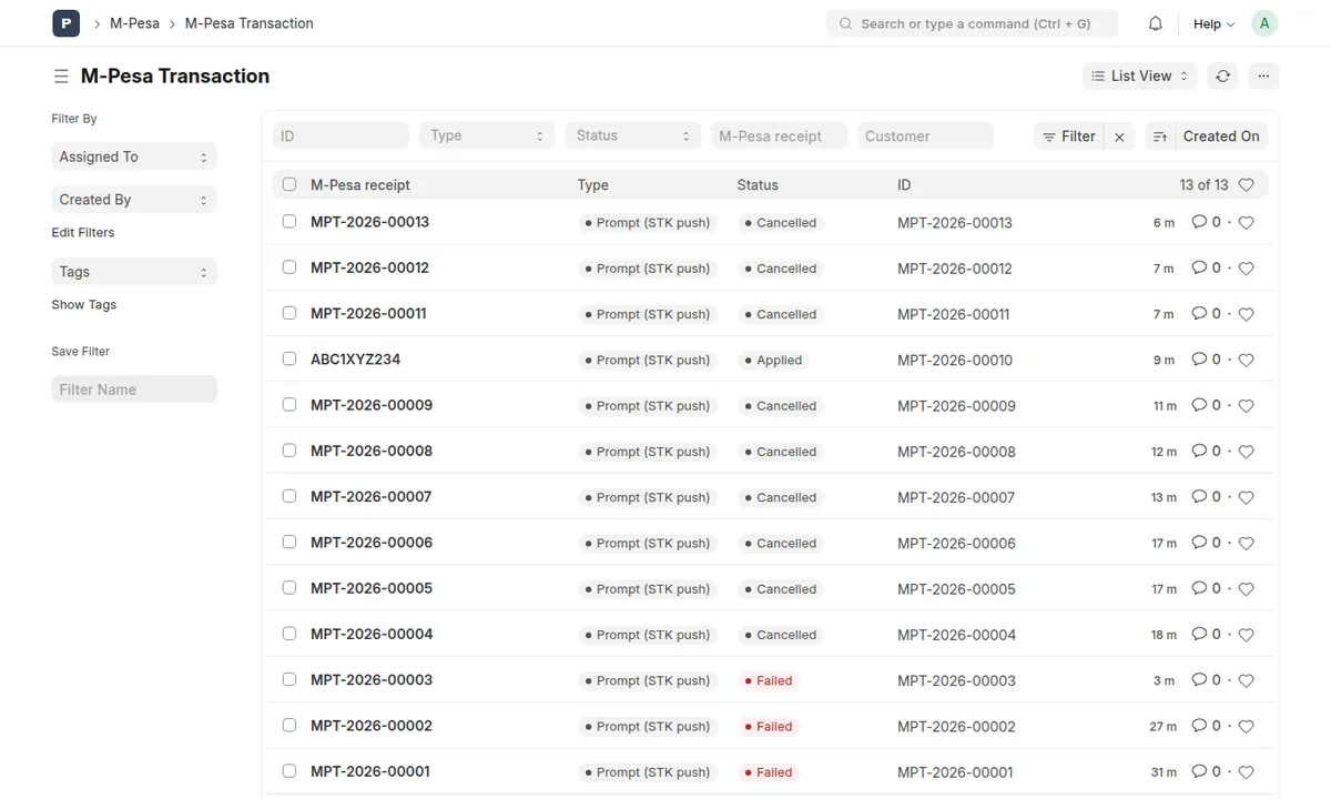 List of M-Pesa transactions in Plentier ERP with type, status and receipt number