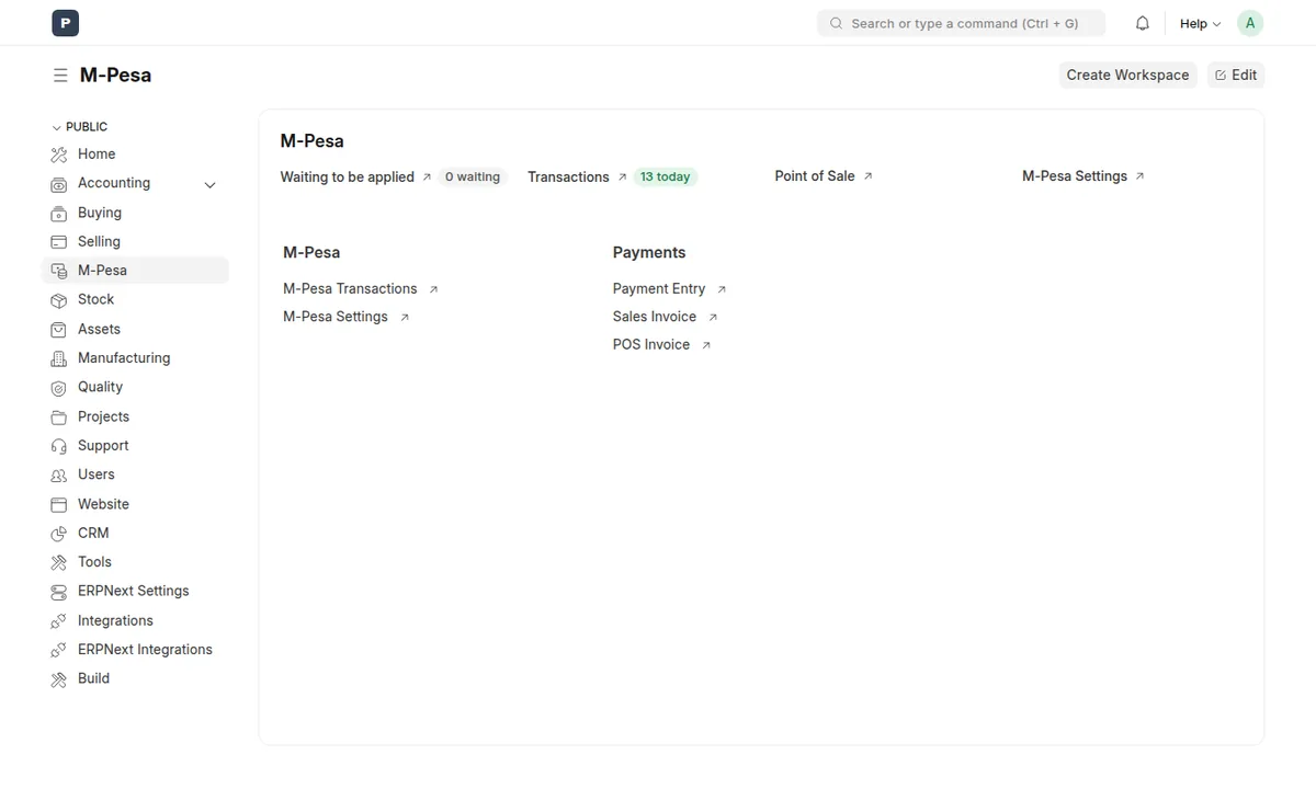 The M-Pesa workspace in Plentier ERP, with shortcuts to transactions, the point of sale and M-Pesa settings