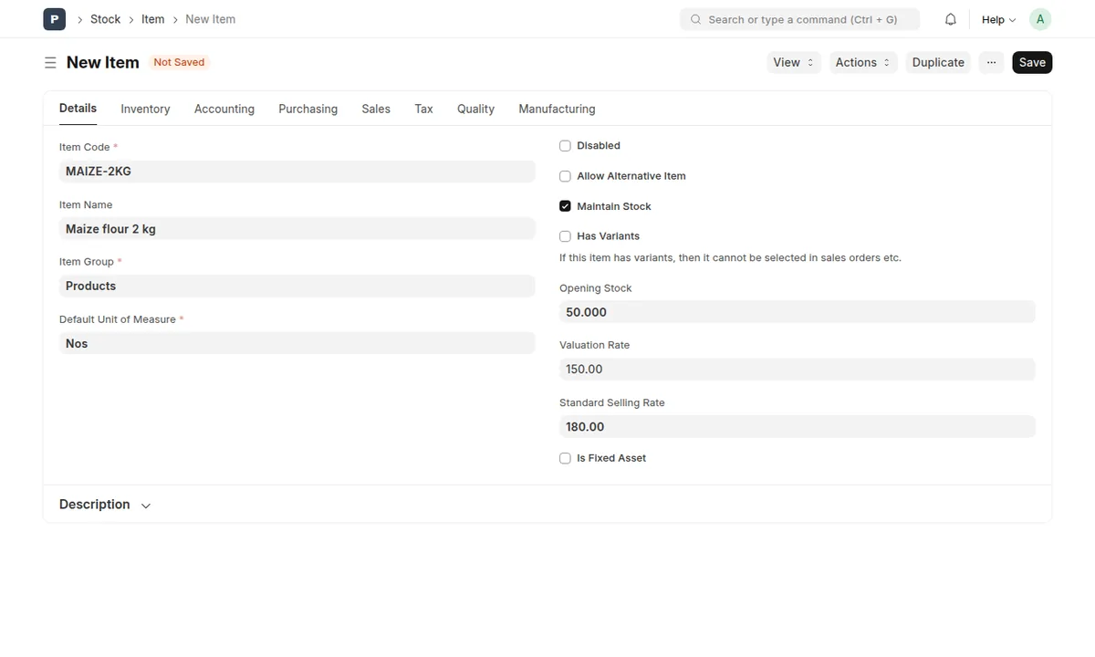 New item form in Plentier ERP with item code, name, group, opening stock, valuation rate and standard selling rate