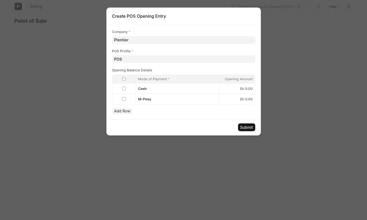 Create POS Opening Entry dialog with company, POS profile and opening amounts for Cash and M-Pesa