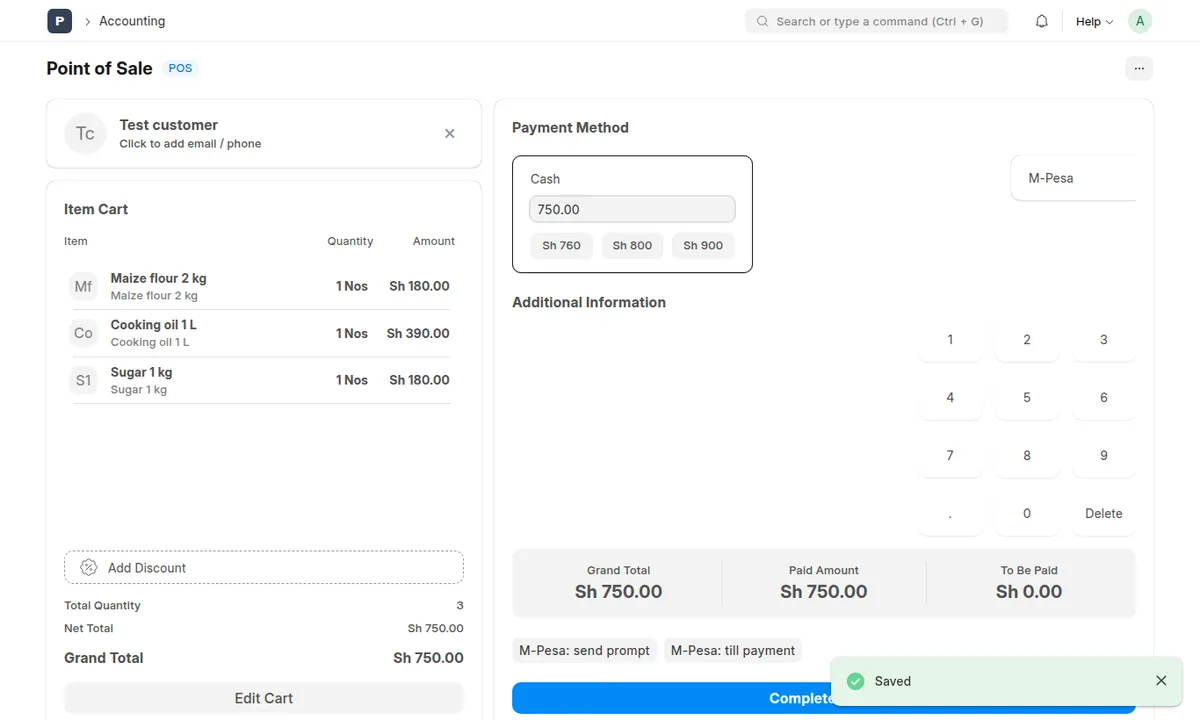 POS payment screen with KES 750 in cash, quick cash amounts and the M-Pesa buttons