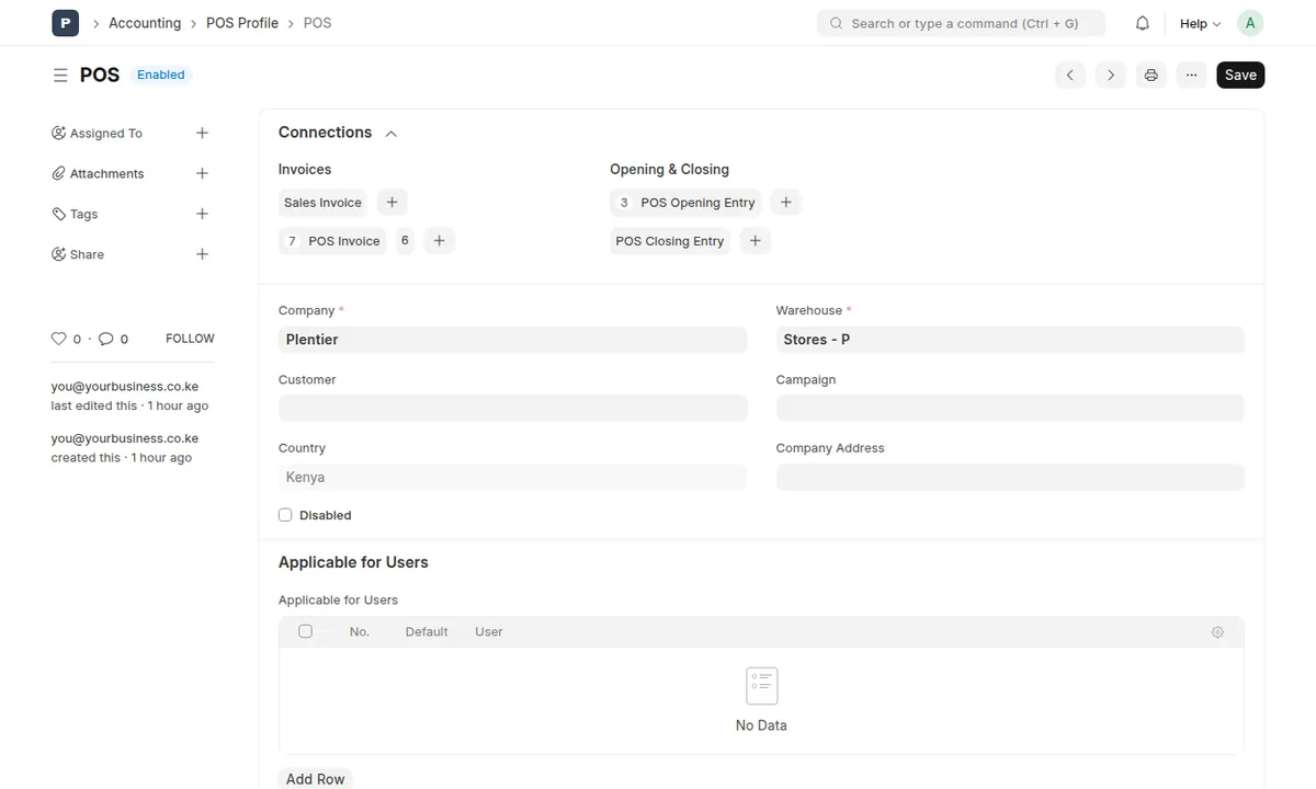 POS profile in Plentier ERP showing company, warehouse, customer and applicable users