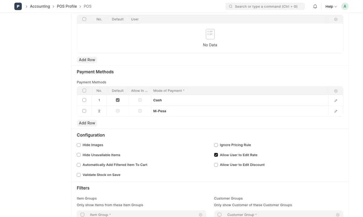 POS profile payment methods with Cash as default and M-Pesa, and the configuration options