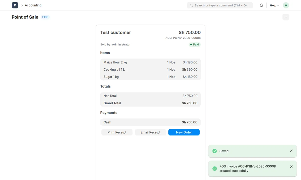 Completed POS sale showing items, totals, cash payment and Print Receipt, Email Receipt and New Order buttons