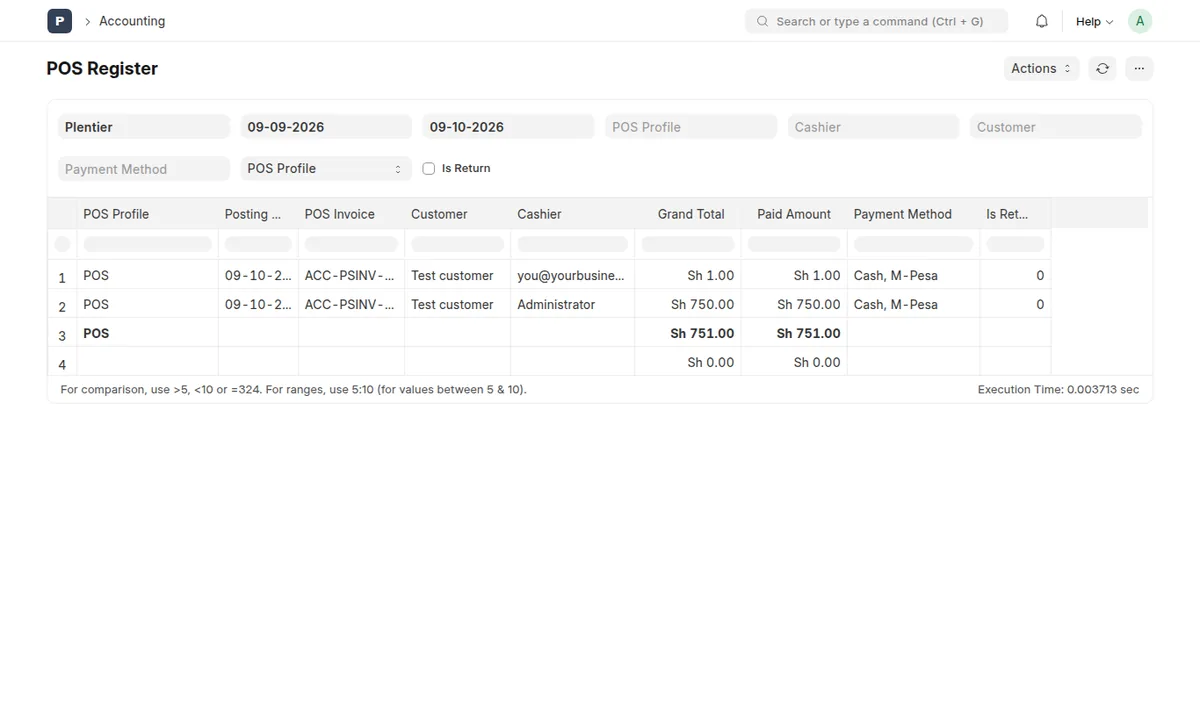 POS Register report listing sales with POS profile, invoice, customer, cashier, totals and payment method