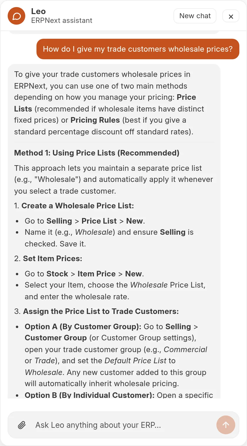 Leo explaining step by step how to give trade customers wholesale prices in ERPNext