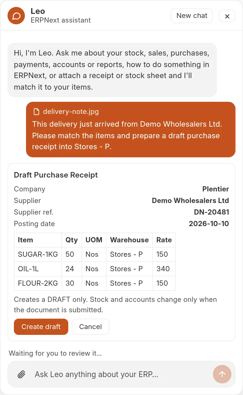 Leo showing a draft purchase receipt made from an uploaded delivery note, waiting for Create draft