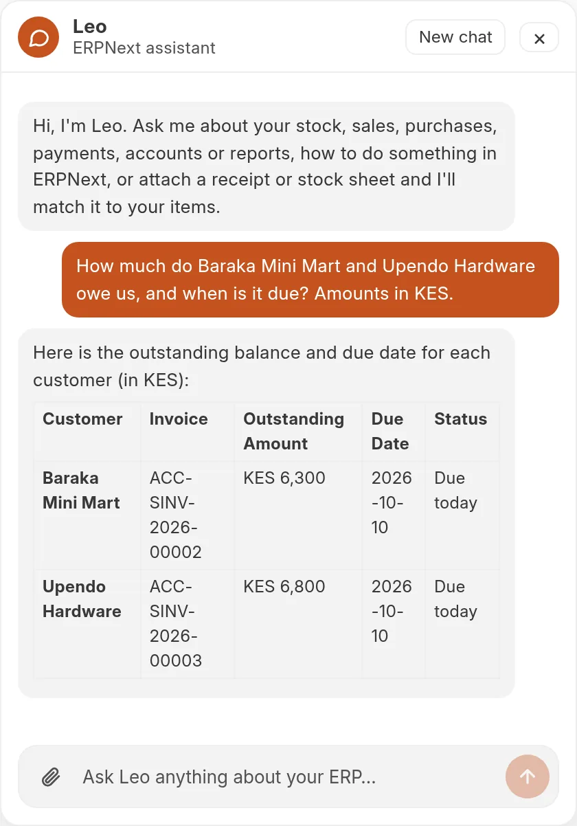 Leo listing what two customers owe, with invoice numbers, outstanding amounts in KES and due dates