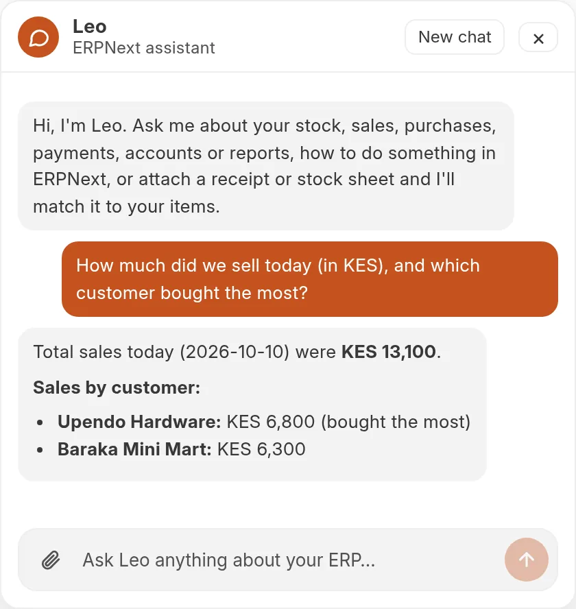 Leo inside Plentier ERP answering how much was sold today in KES and which customer bought the most