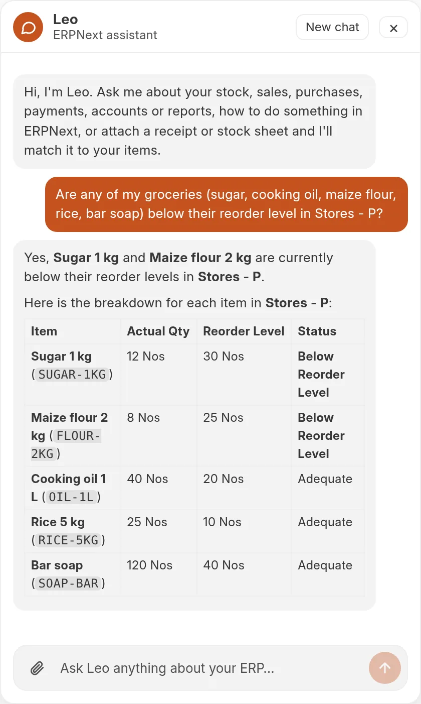 Leo listing grocery items below their reorder level in Stores, with quantities and reorder levels