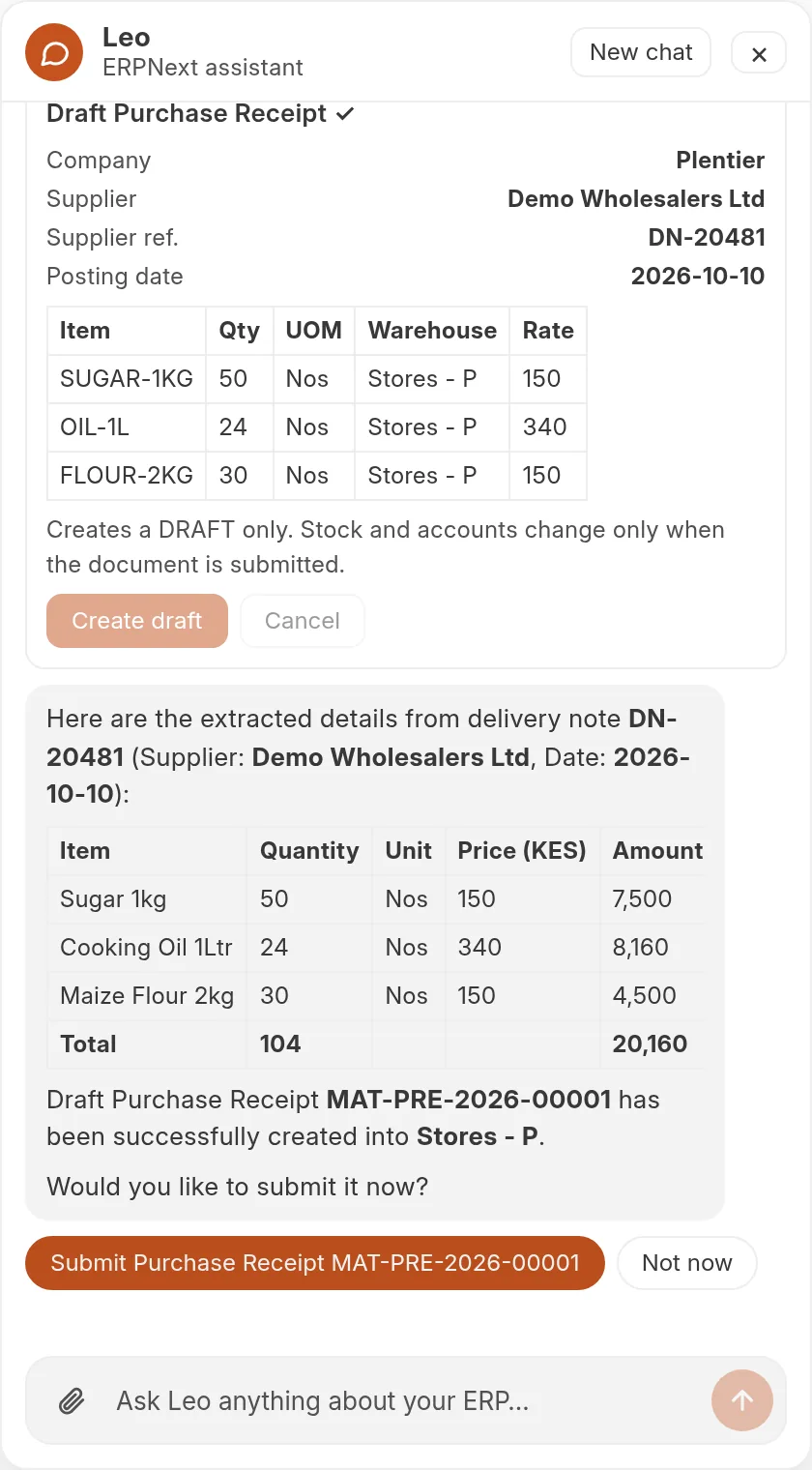 Leo confirming a draft purchase receipt was created and offering Submit or Not now